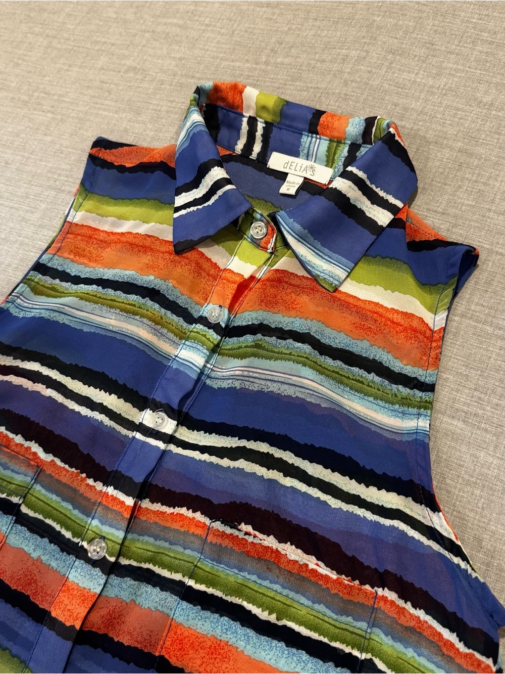 dELiA*s Women’s Small Striped Button Down Blouse Blue Orange Green Black